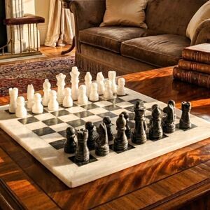 Handmade Marble Chess Set: 12" Black & White chess board & pieces,Christmas gift